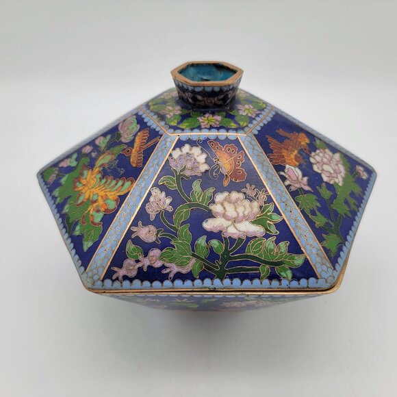 Antique Chinese Cloisonné Hexagonal Shaped Lidded Bowl - Picture 9 of 13